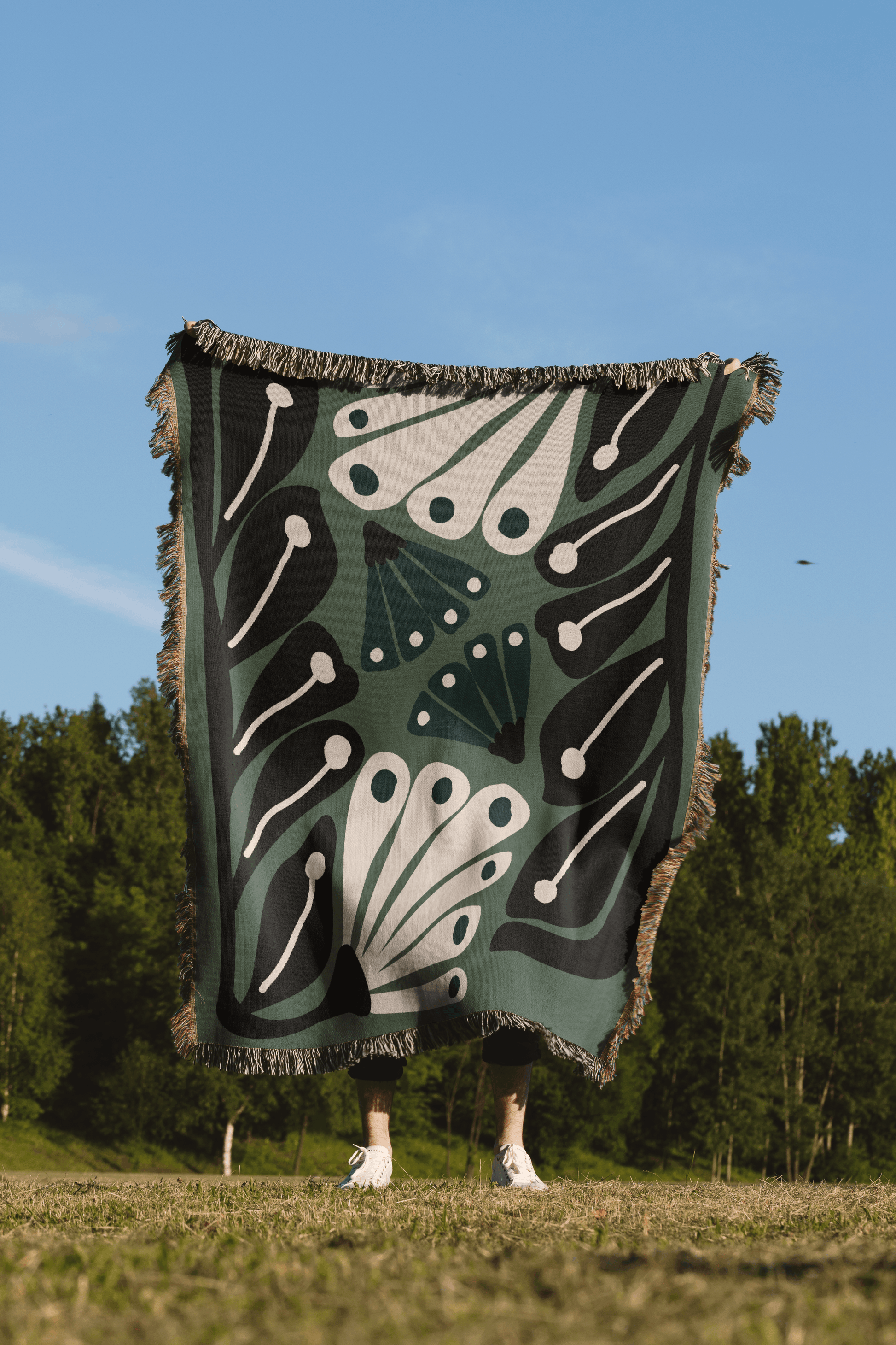Green Matisse Inspired Retro Flower Woven Cotton Throw Blankets - Taylor Bassam