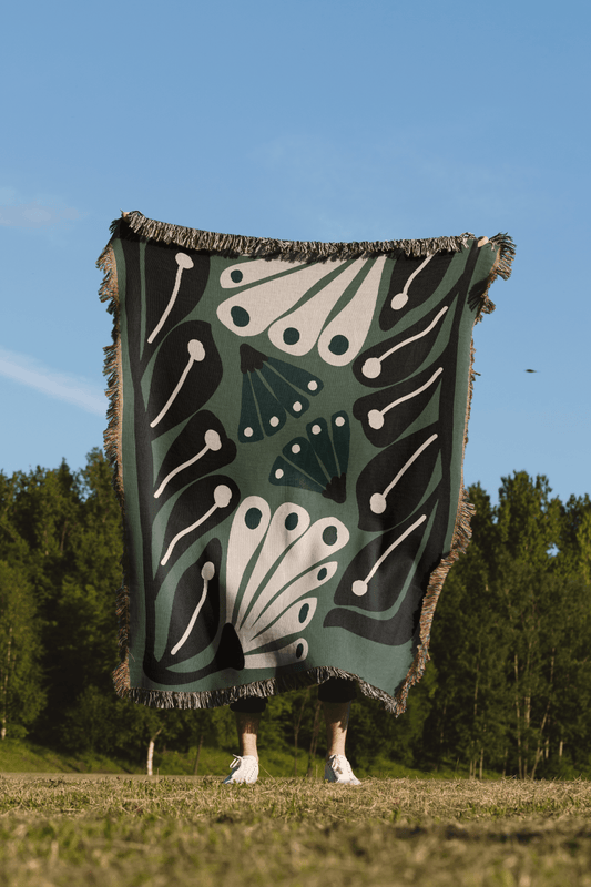 Green Matisse Inspired Retro Flower Woven Cotton Throw Blankets - Taylor Bassam