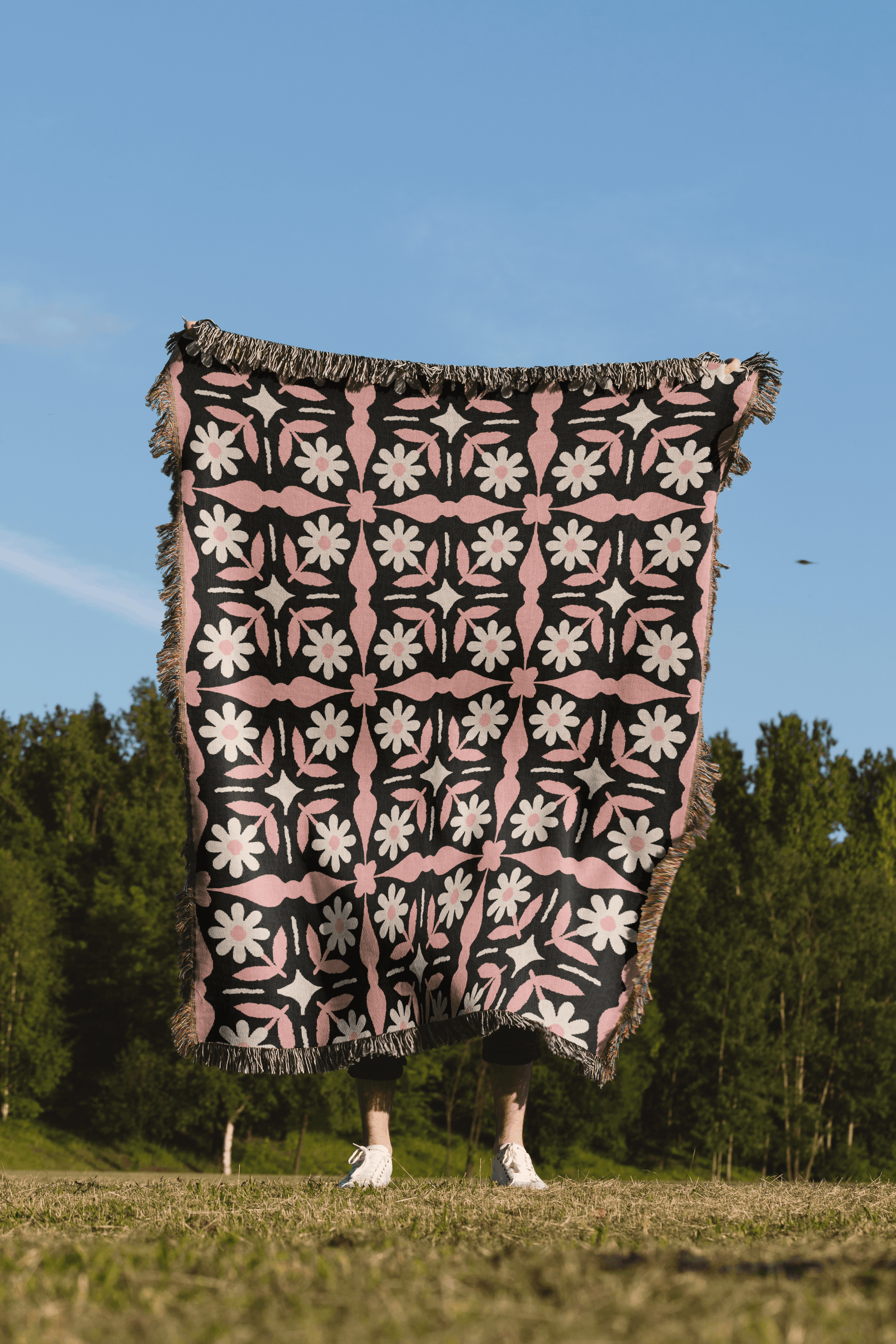 Black and Pink Boho Floral Tile Pattern Woven Cotton Throw Blankets - Taylor Bassam