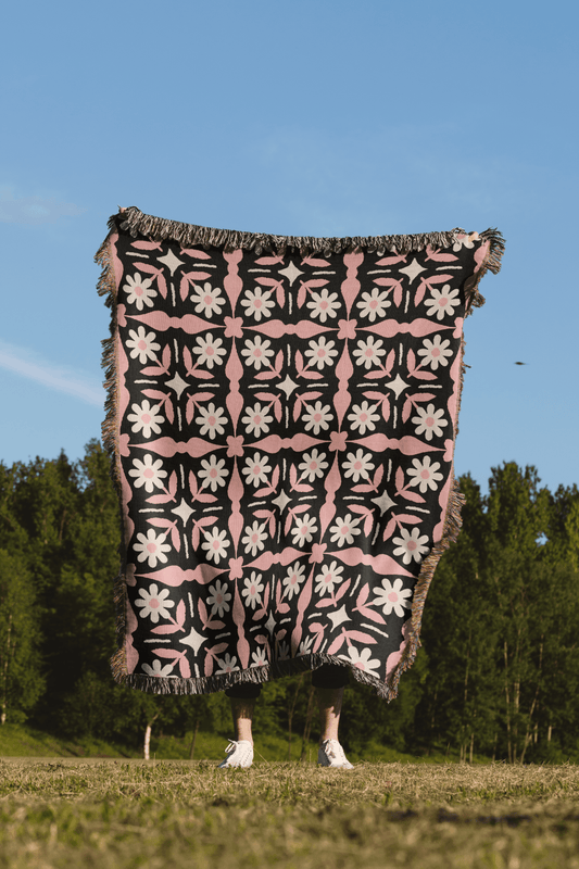 Black and Pink Boho Floral Tile Pattern Woven Cotton Throw Blankets - Taylor Bassam