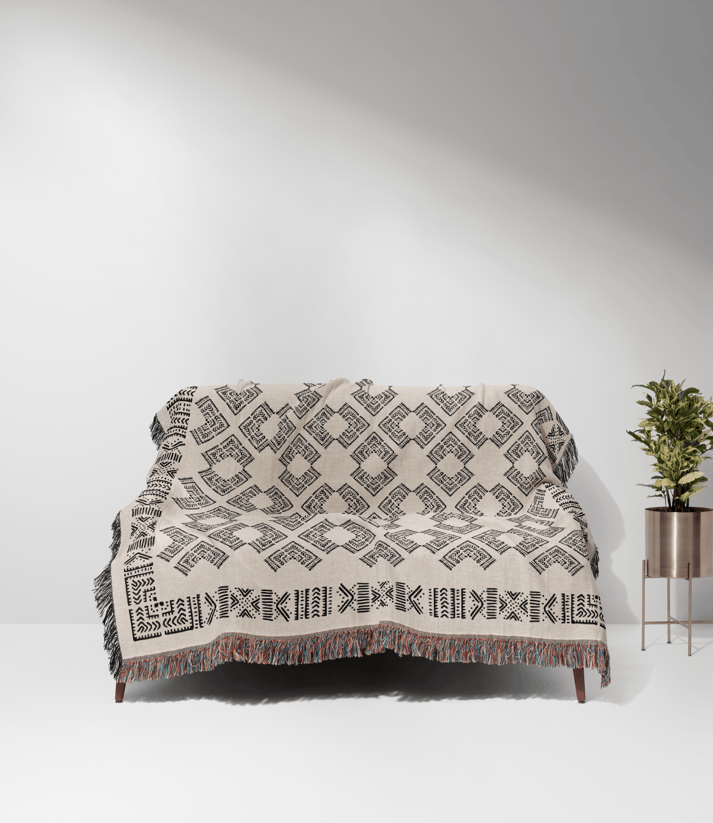 Intricate Boho Motif Black and Beige Woven Cotton Throw Blankets - Taylor Bassam