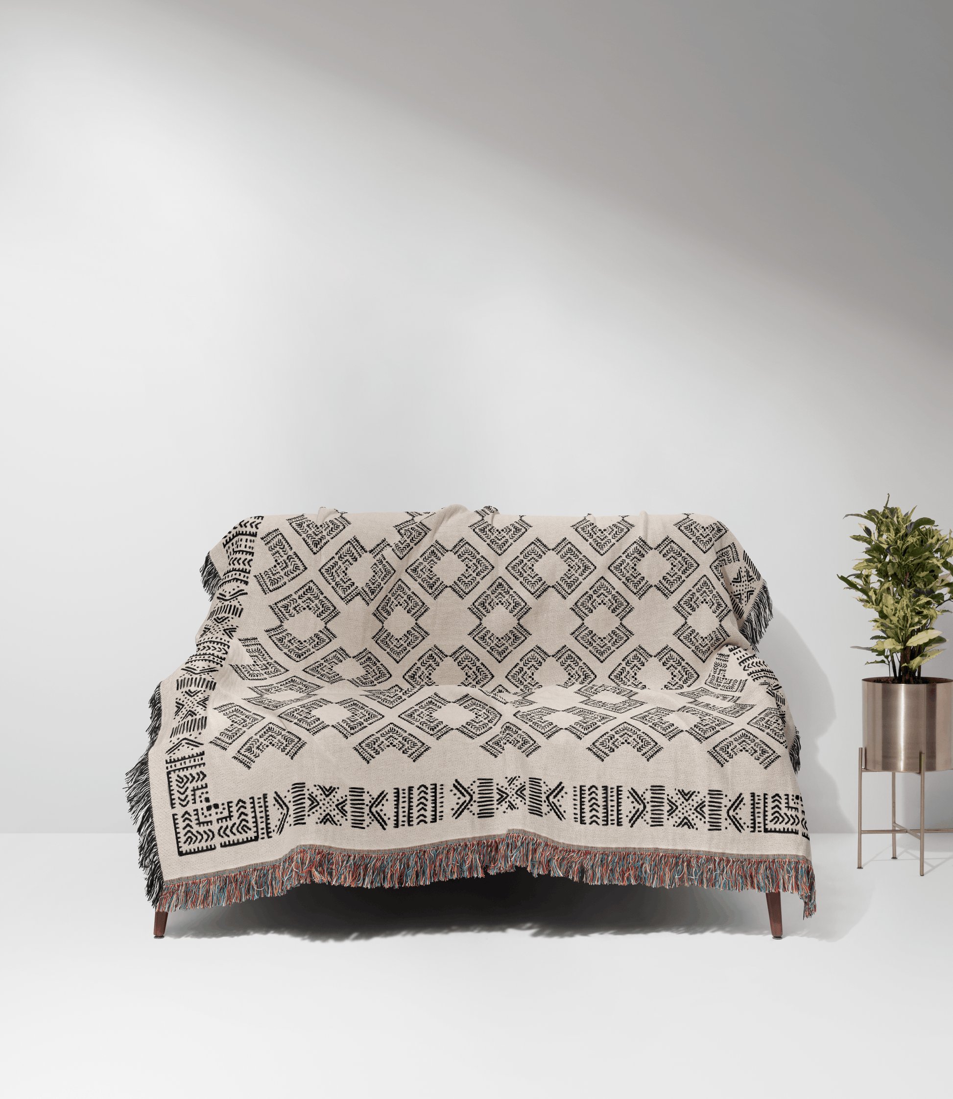 Intricate Boho Motif Black and Beige Woven Cotton Throw Blankets - Taylor Bassam