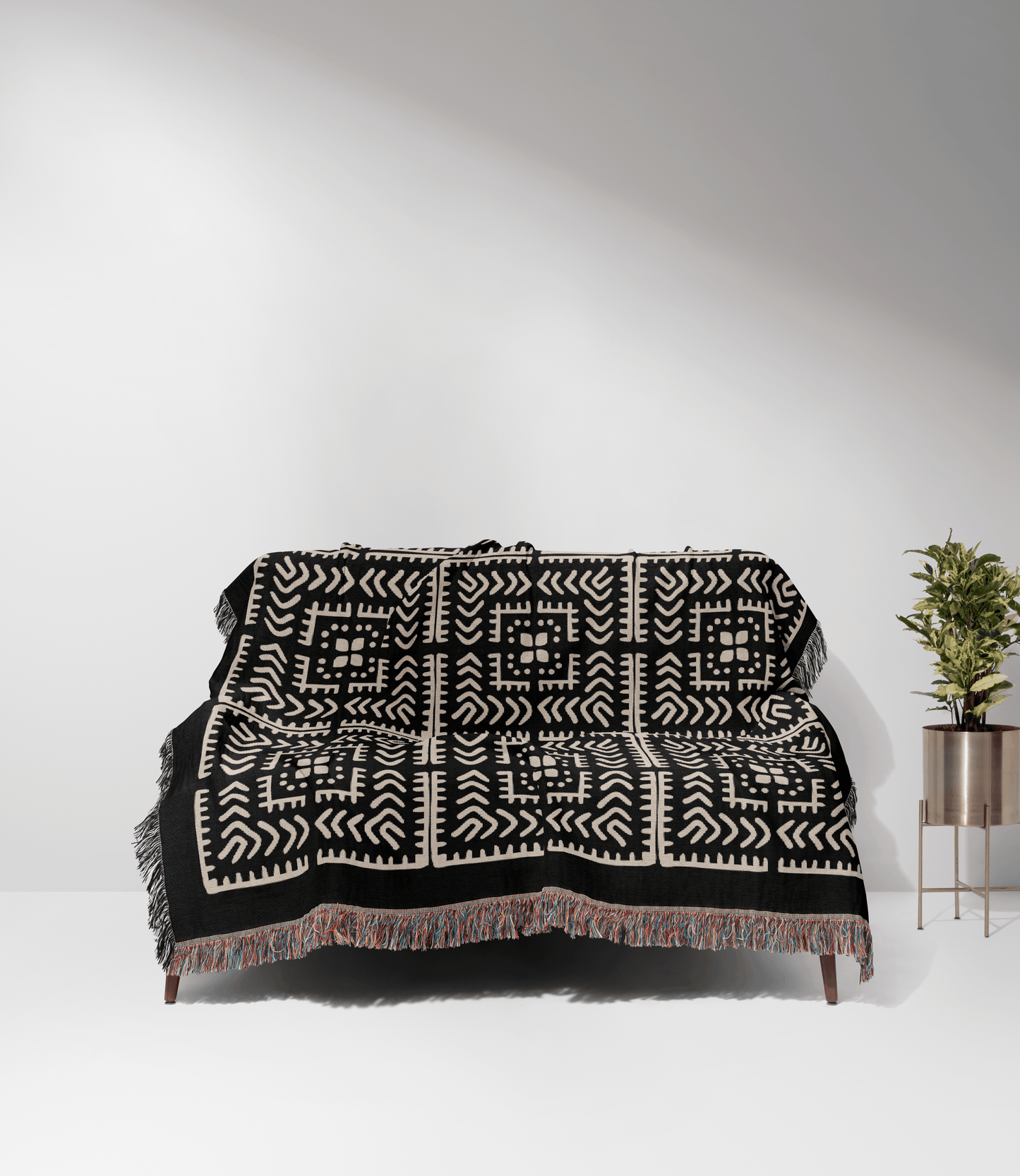 Black and Beige Intricate Motif Pattern Woven Cotton Throw Blankets - Taylor Bassam