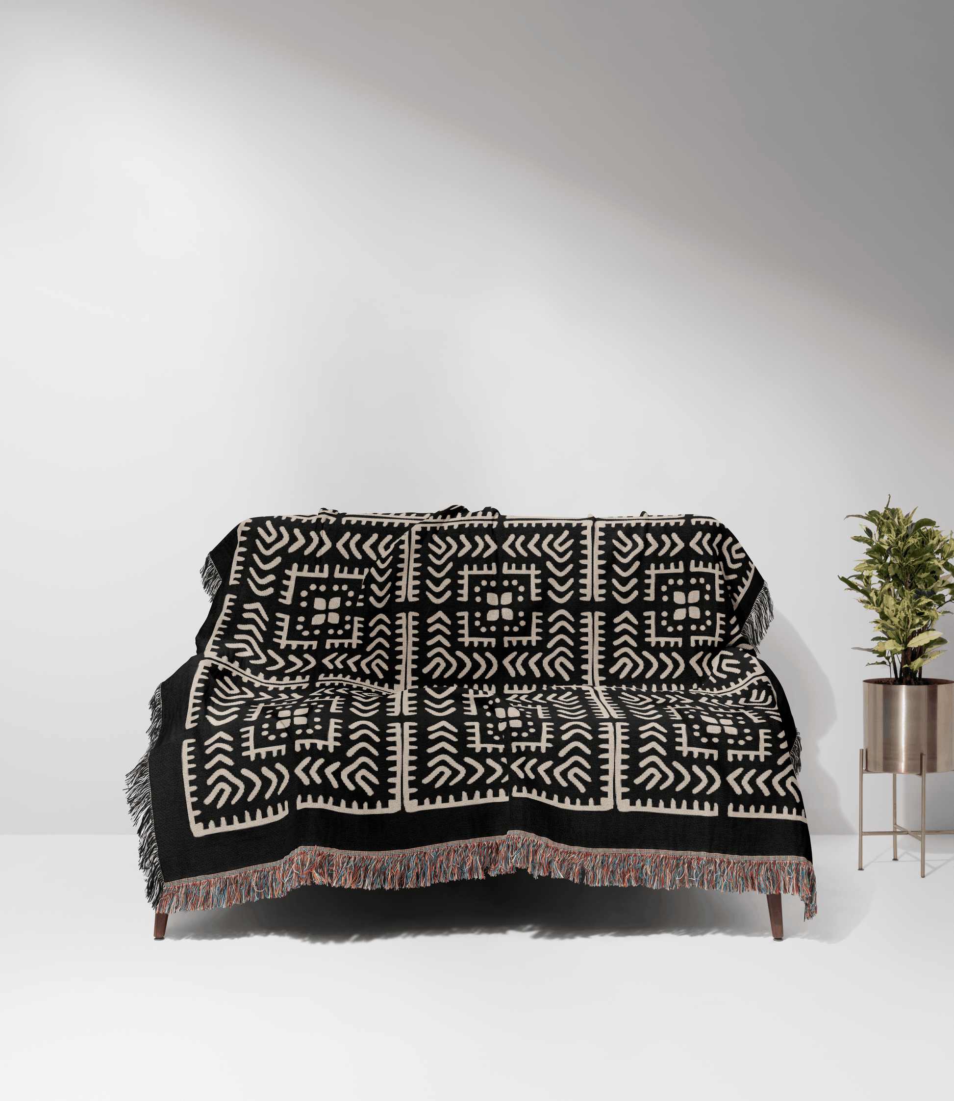 Black and Beige Intricate Motif Pattern Woven Cotton Throw Blankets - Taylor Bassam