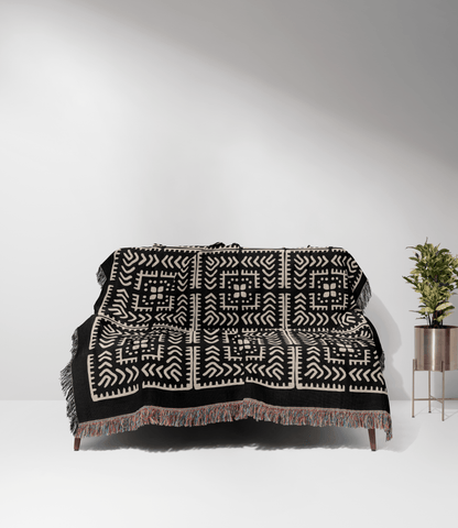 Black and Beige Intricate Motif Pattern Woven Cotton Throw Blankets - Taylor Bassam