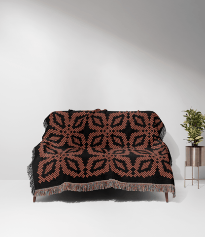 Orange and Black Quilt Pattern Boho Woven Cotton Throw Blankets - Taylor Bassam