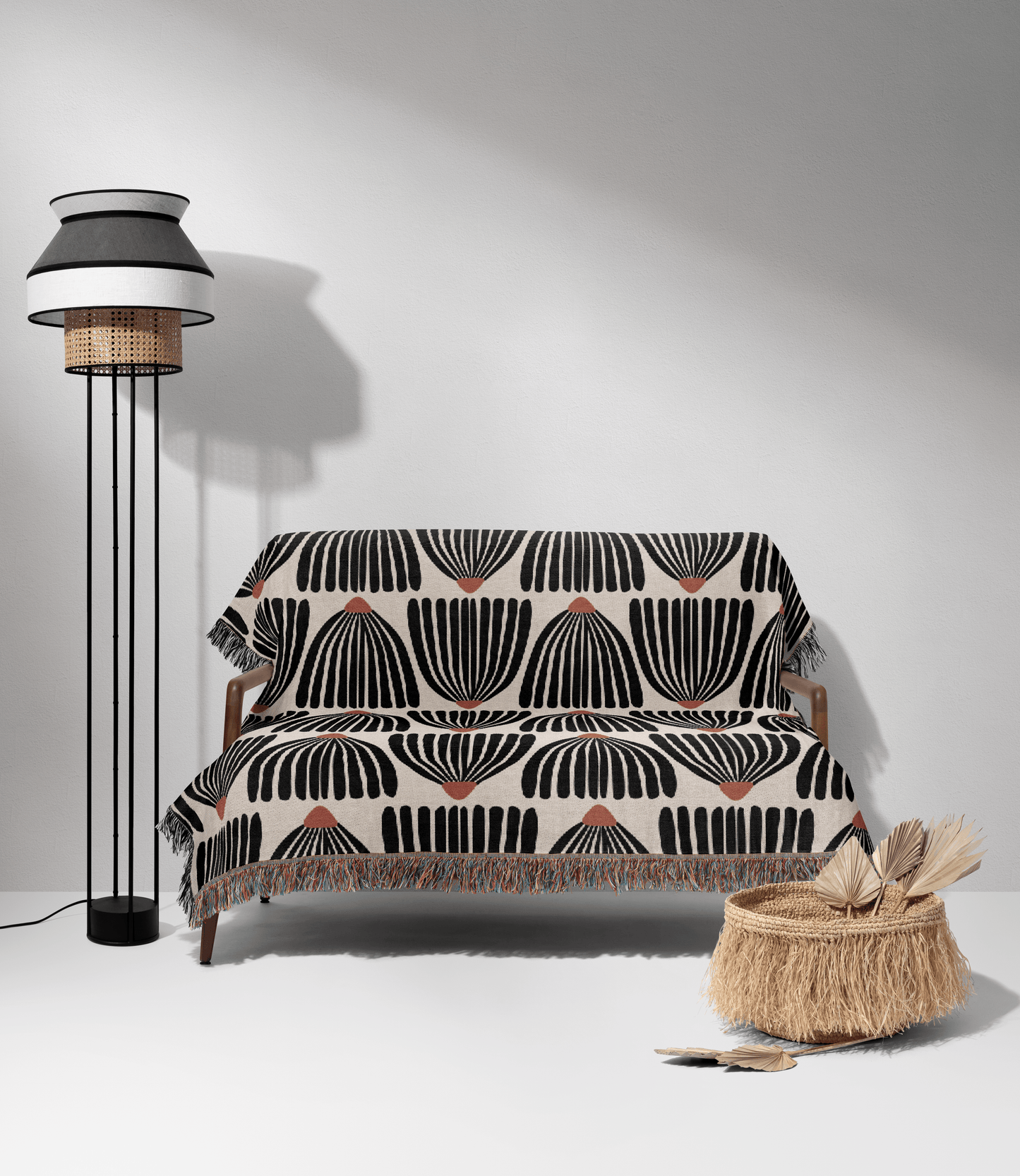 Mid Century Modern Black Flower Pattern Woven Cotton Throw Blankets - Taylor Bassam