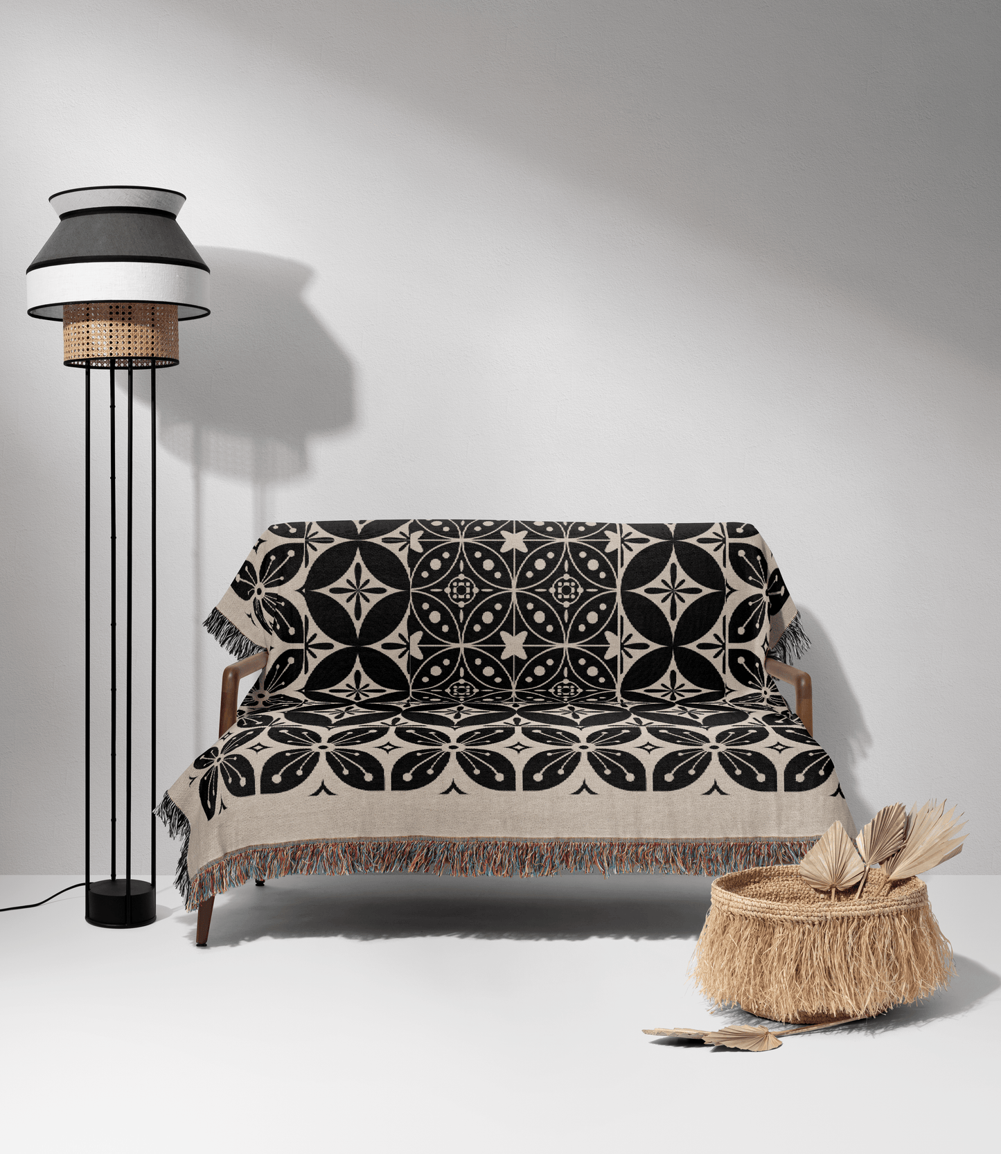 Black and Beige Tile Pattern Woven Cotton Throw Blankets - Taylor Bassam