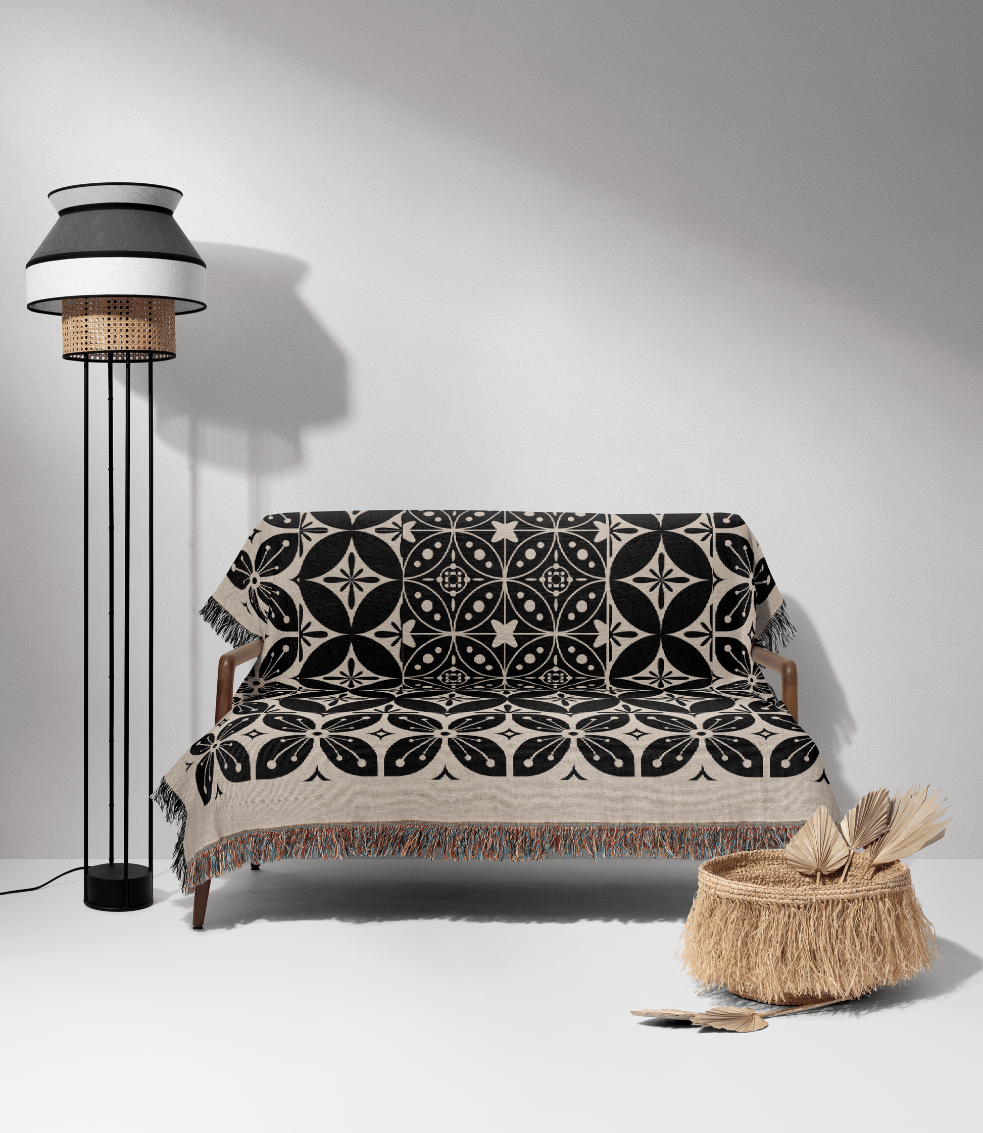 Black and Beige Tile Pattern Woven Cotton Throw Blankets - Taylor Bassam