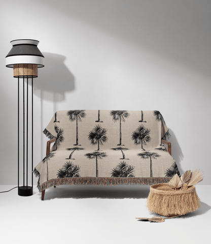 Black and Beige Vintage Palm Tree Woven Cotton Throw Blankets - Taylor Bassam