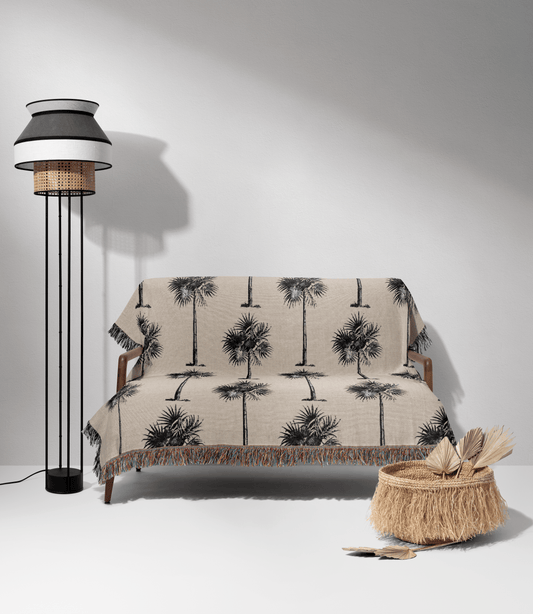 Black and Beige Vintage Palm Tree Woven Cotton Throw Blankets - Taylor Bassam