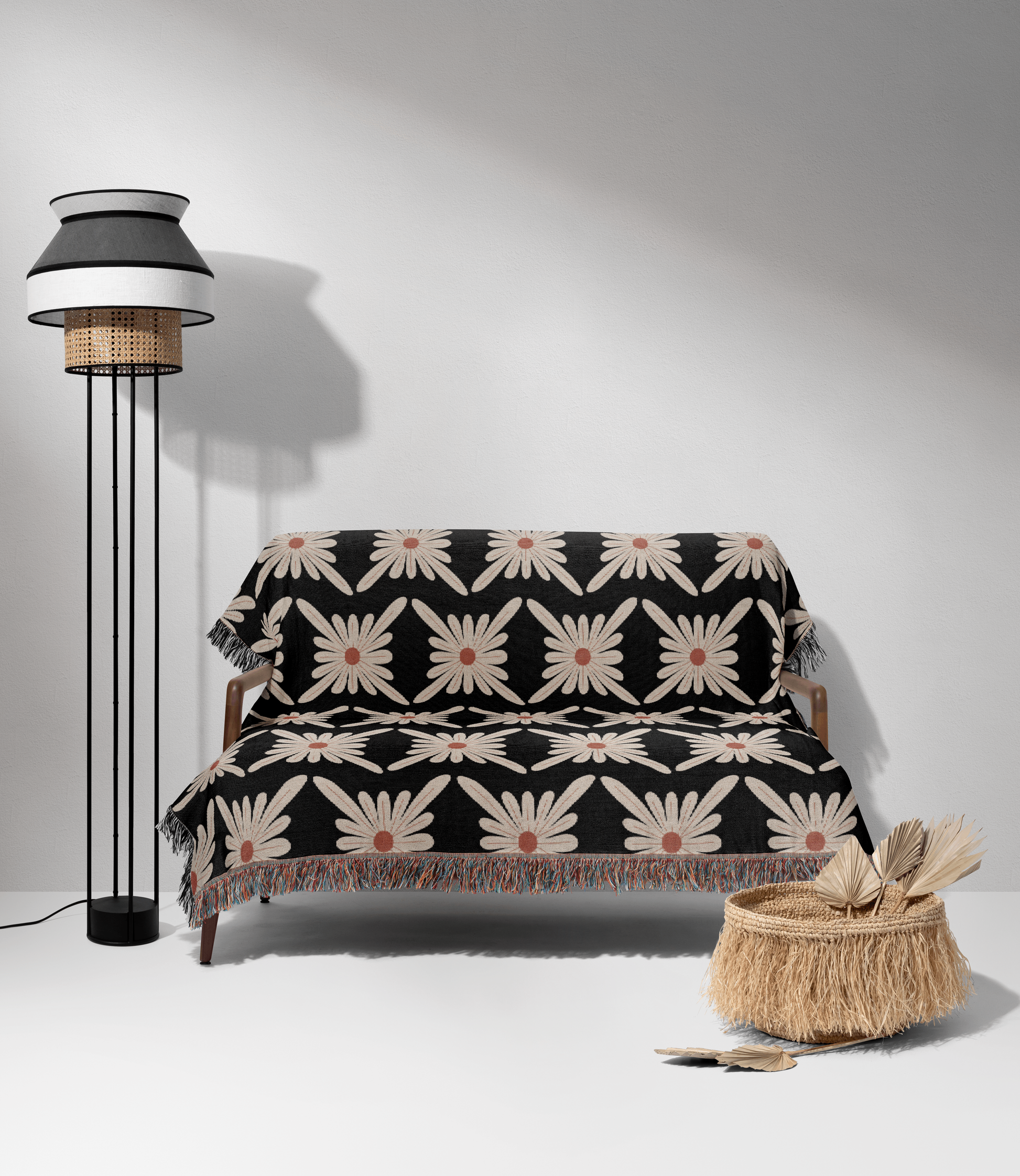 Modern Black and White Daisy Woven Cotton Throw Blankets - Taylor Bassam