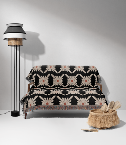 Modern Black and White Daisy Woven Cotton Throw Blankets - Taylor Bassam