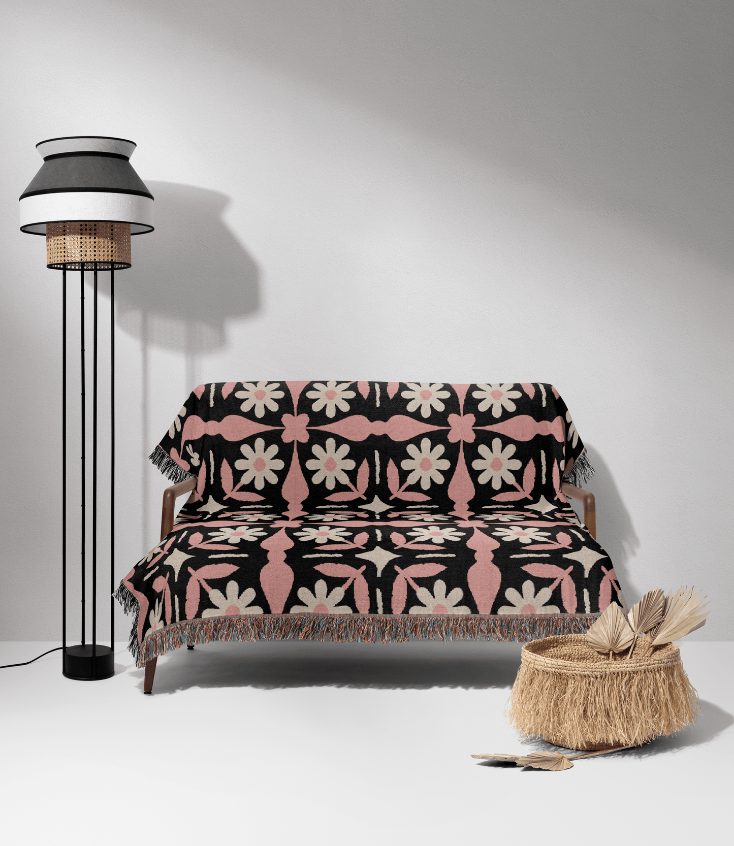 Black and Pink Boho Floral Tile Pattern Woven Cotton Throw Blankets - Taylor Bassam