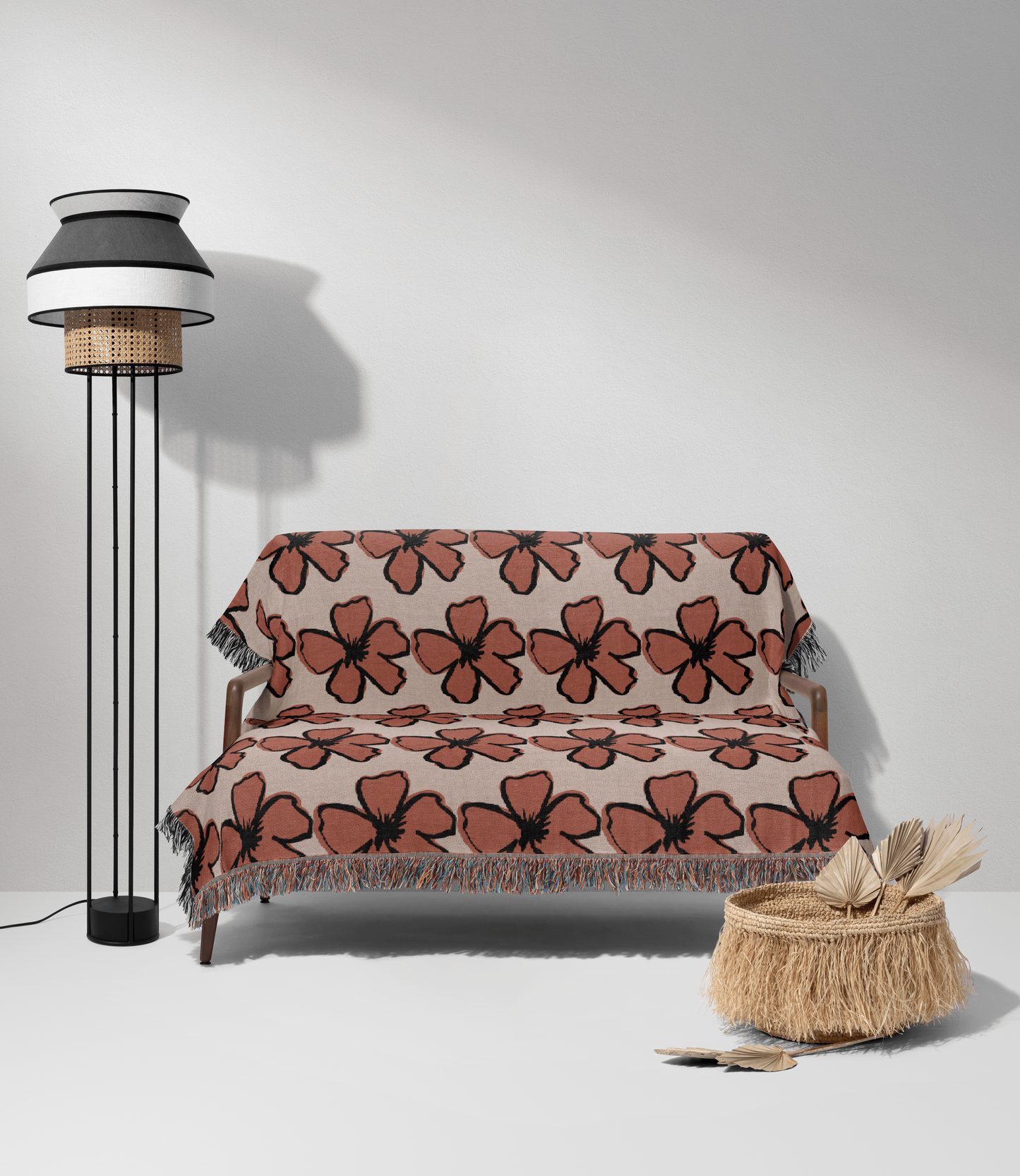 Dusty Rose and Rust Color Handdrawn Floral Woven Cotton Throw Blankets