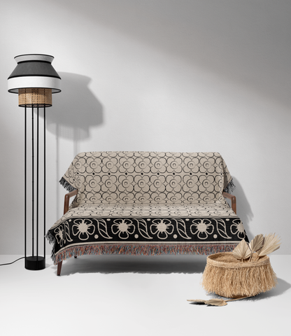 Batik Elegance: Black and Beige Woven Cotton Throw Blanket