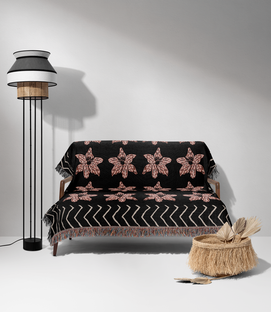 Black and Pink Contemporary Striped Flower Woven Blanket
