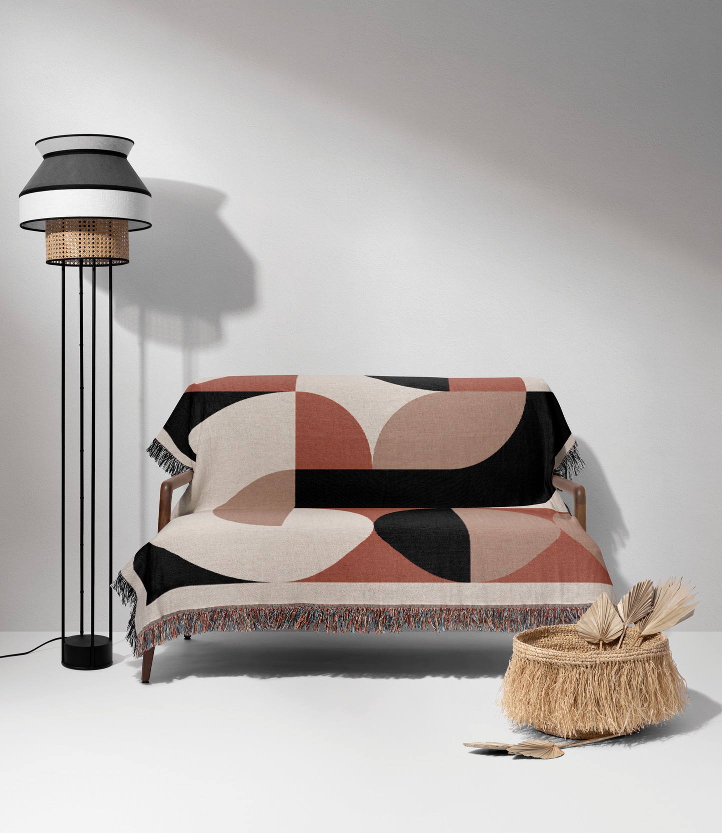 Bauhaus Geometric Woven Blanket in Black, White, and Terracotta