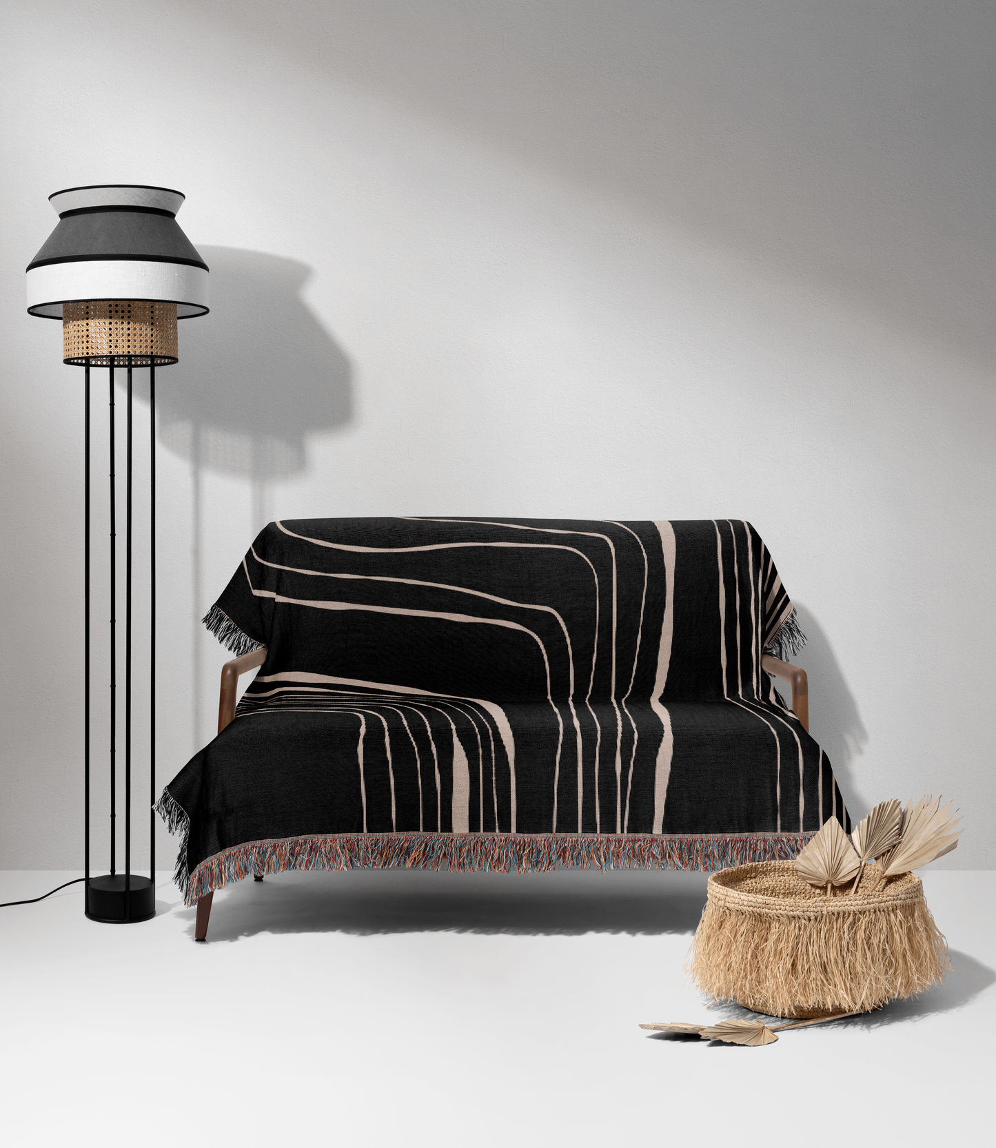 Black and Beige Minimalist Modern Lines Woven Blanket