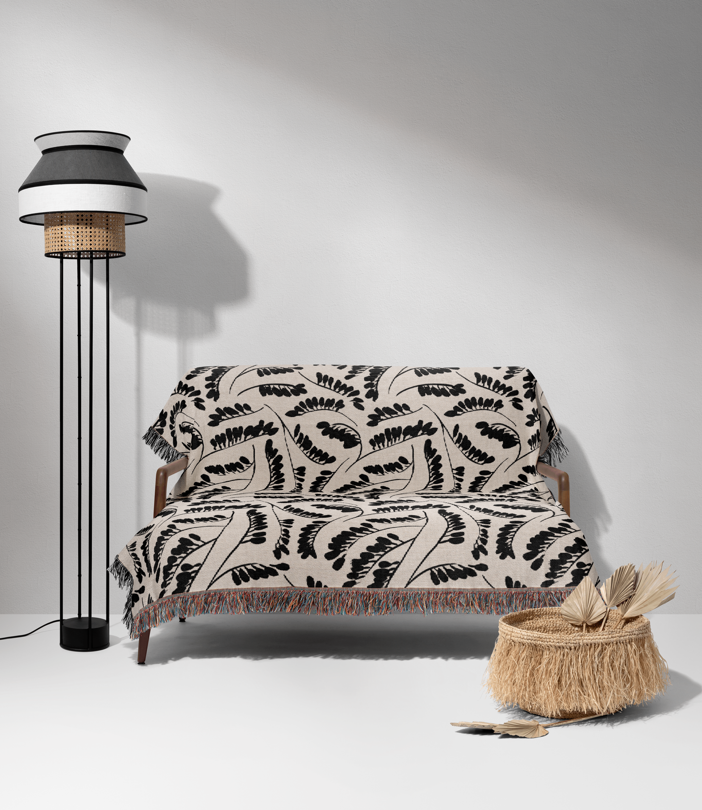 Black and Beige Botanical Leaf Pattern Woven Cotton Blanket