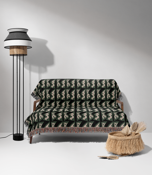 Green and Beige Abstract Modern Woven Cotton Blanket