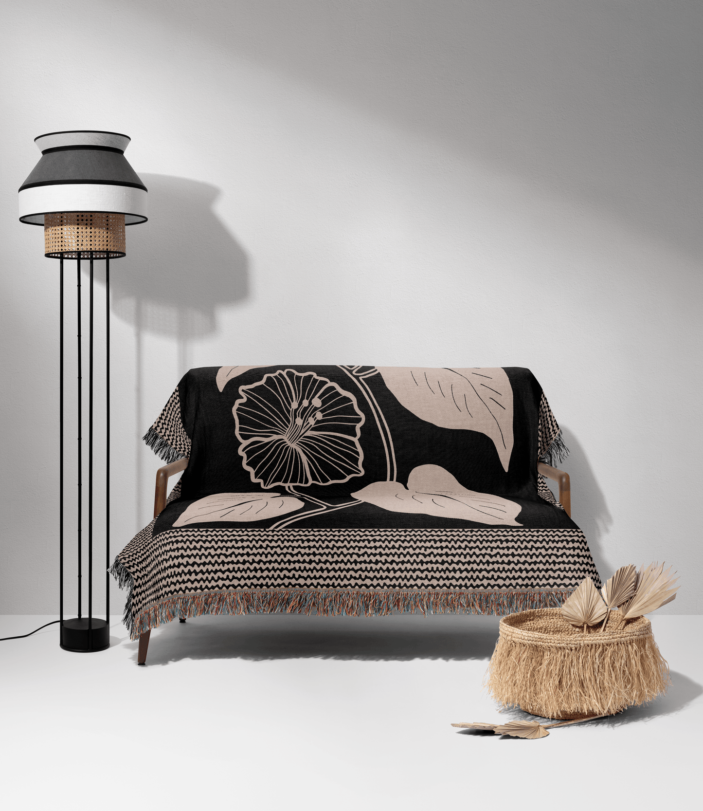 Black and Beige Botanical Woven Throw Blanket