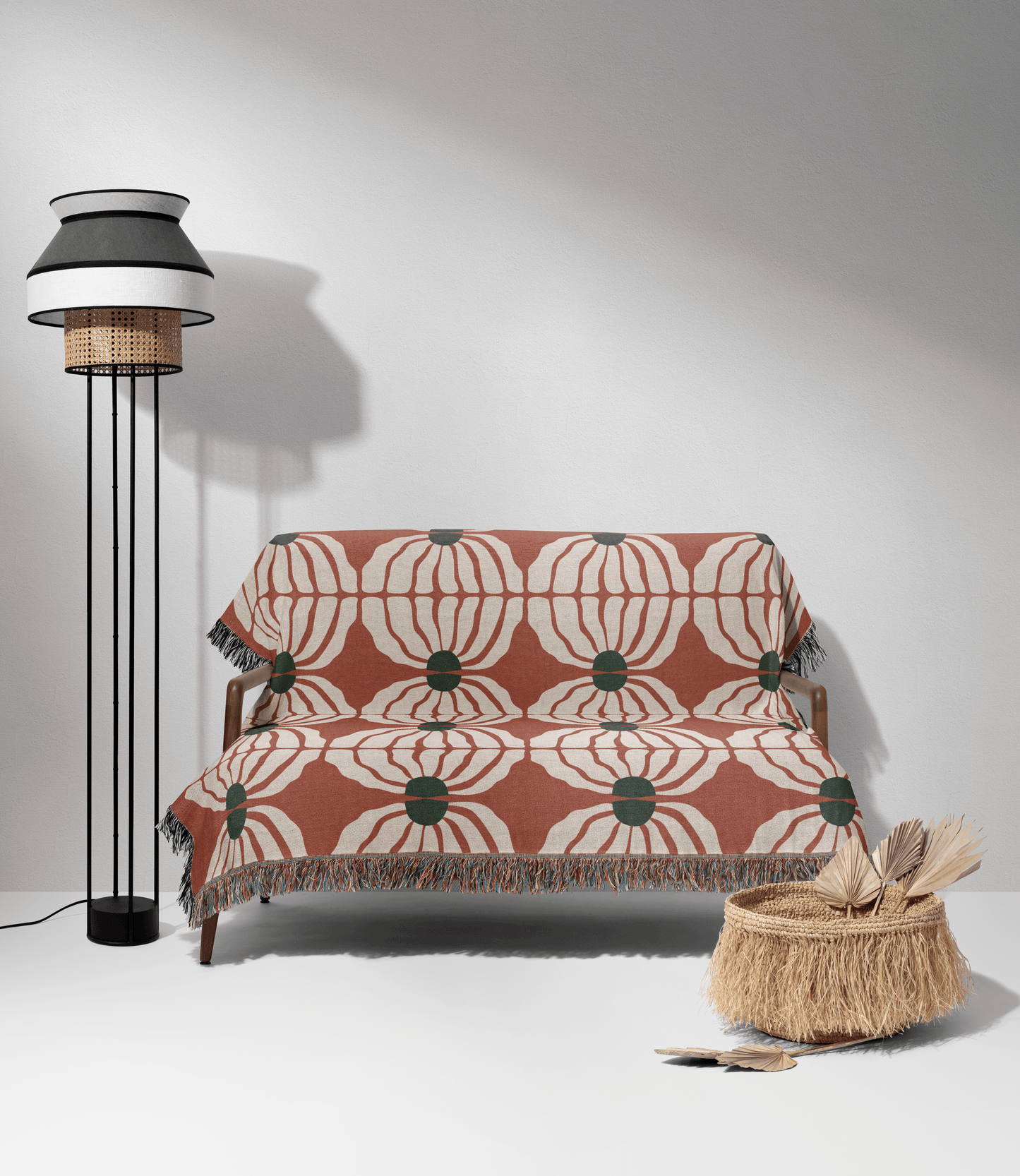 Retro Bloom Woven Cotton Blanket in Terracotta, Green, and White