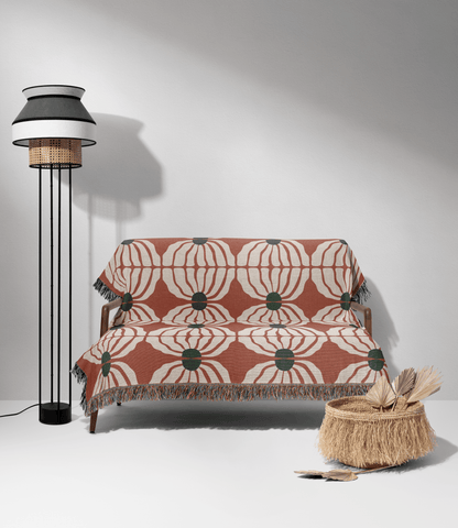 Retro Bloom Woven Cotton Blanket in Terracotta, Green, and White