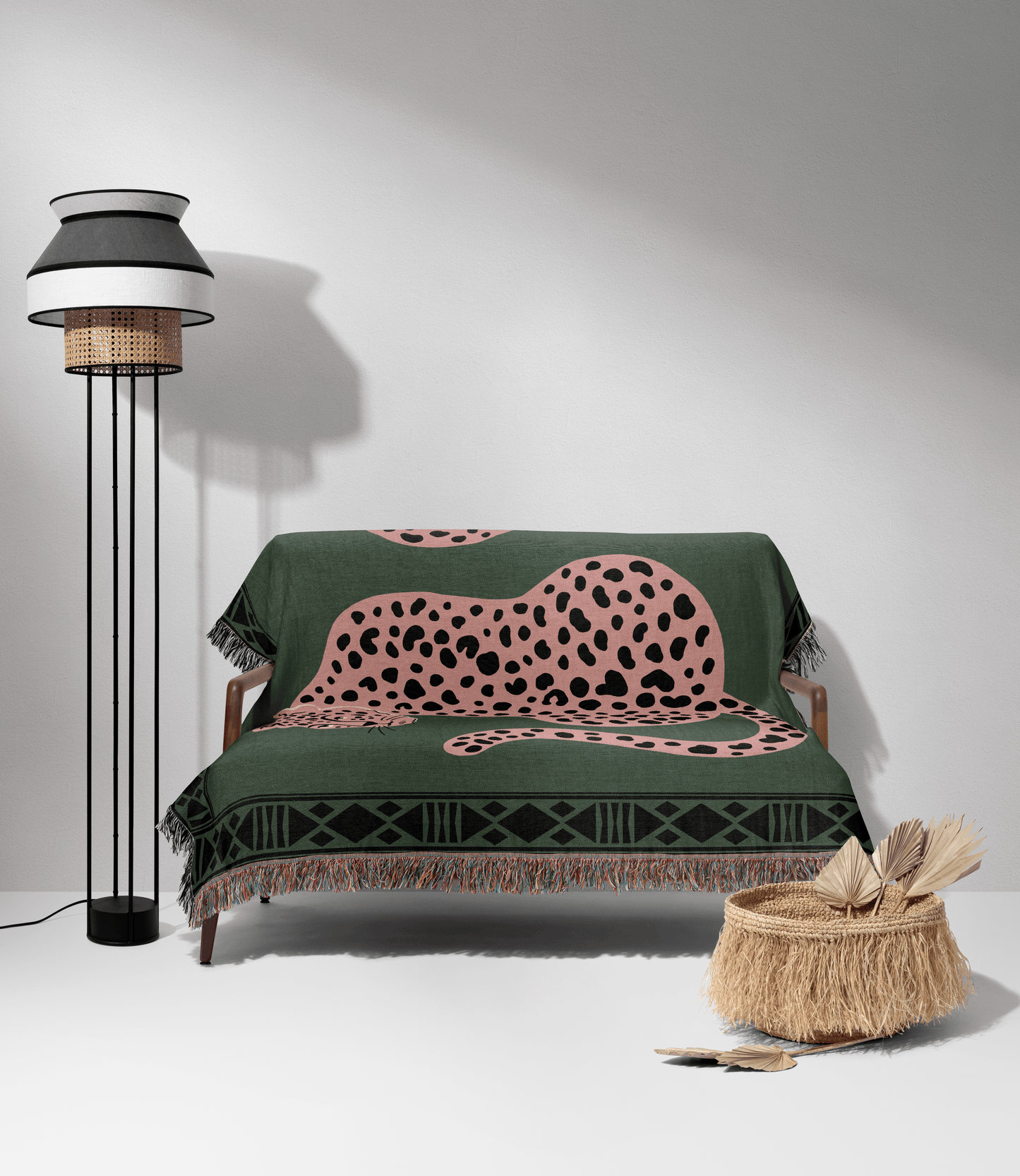 Playful Leopards Woven Cotton Blanket in Green, Pink, and Black