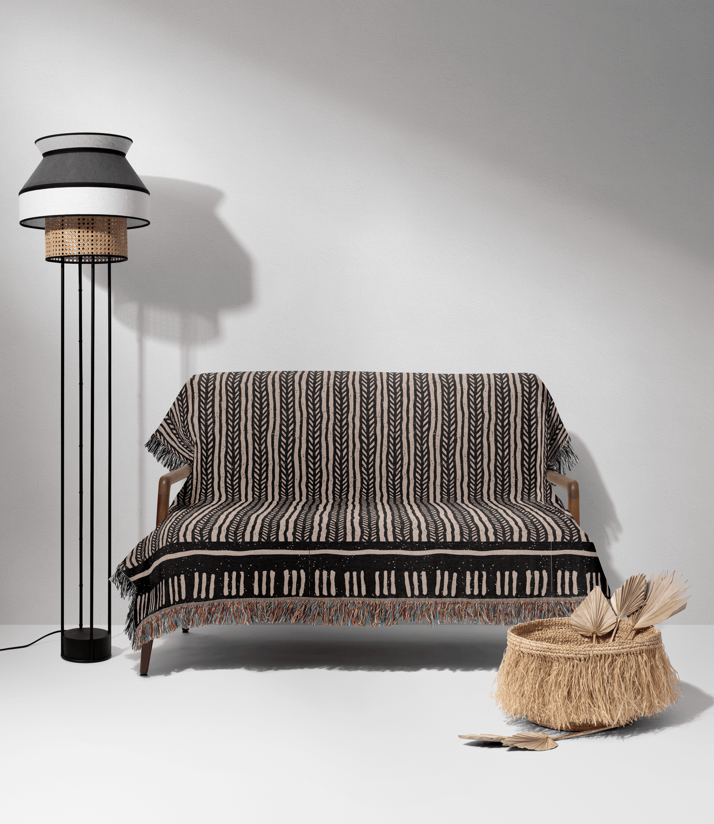 Stripe Woven Cotton Blanket in Black and Warm Beige