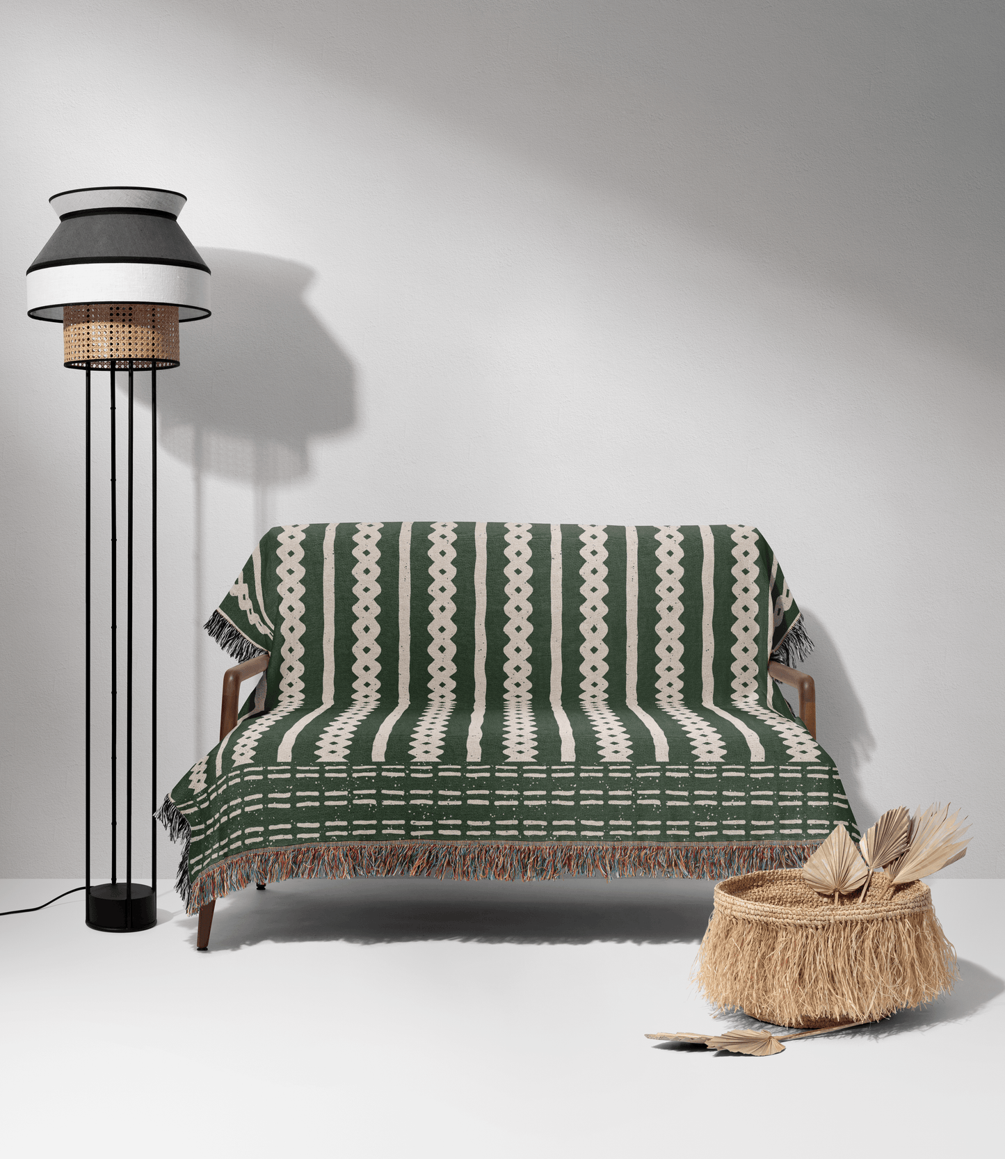 Striped Woven Cotton Blanket in Green and Beige