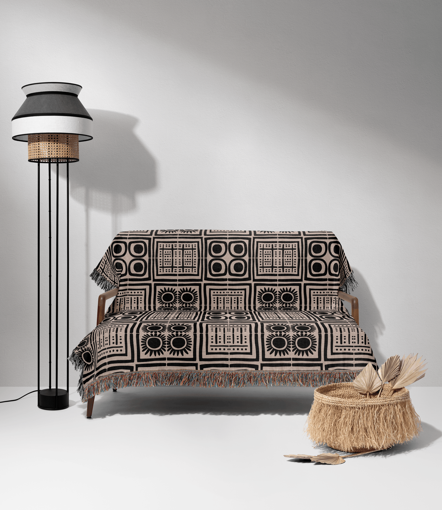 Geometric Patchwork Woven Cotton Blanket in Beige and Black