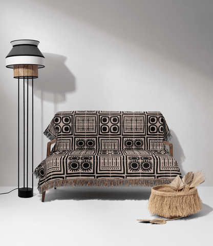 Geometric Patchwork Woven Cotton Blanket in Beige and Black