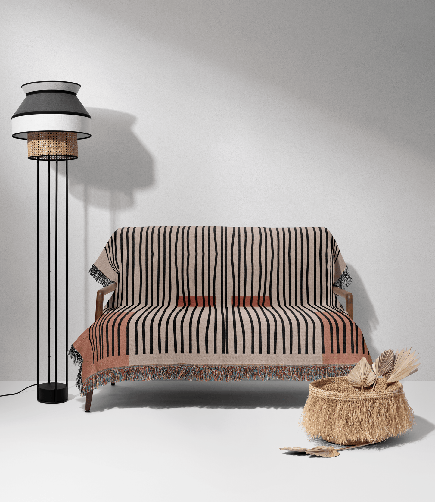 Linear Abstract Woven Cotton Blanket in Terracotta and Black