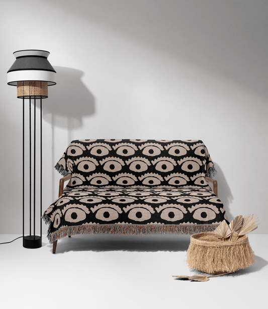 All-Seeing Eye Woven Cotton Blanket in Black and Beige