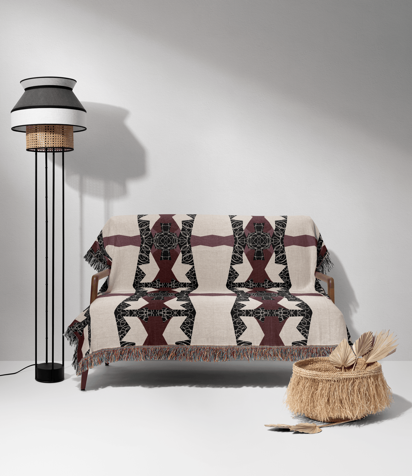 Crimson Nexus Geometric Tapestry in Black, Beige, and Mauve