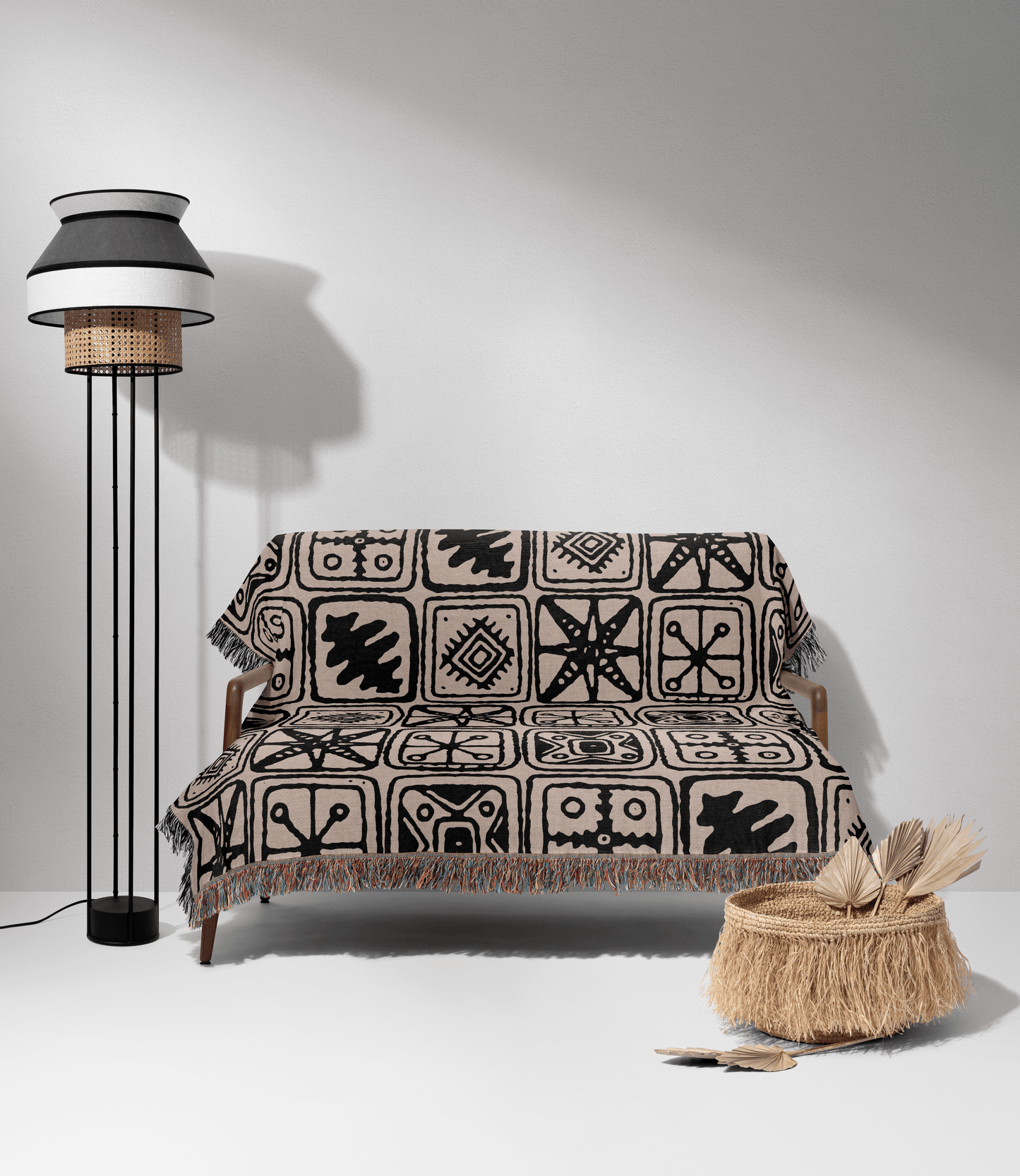 Tribal Motif Patchwork Woven Cotton Blanket in Beige and Black