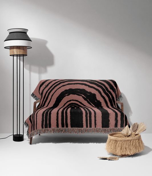 Organic Ring Pattern Woven Cotton Blanket in Dusty Rose and Black
