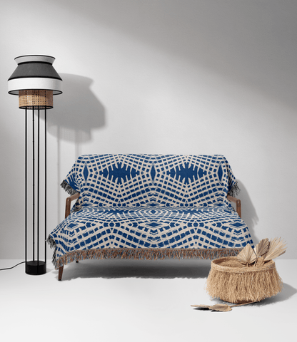 Blue Diamond Lattice Woven Cotton Blanket