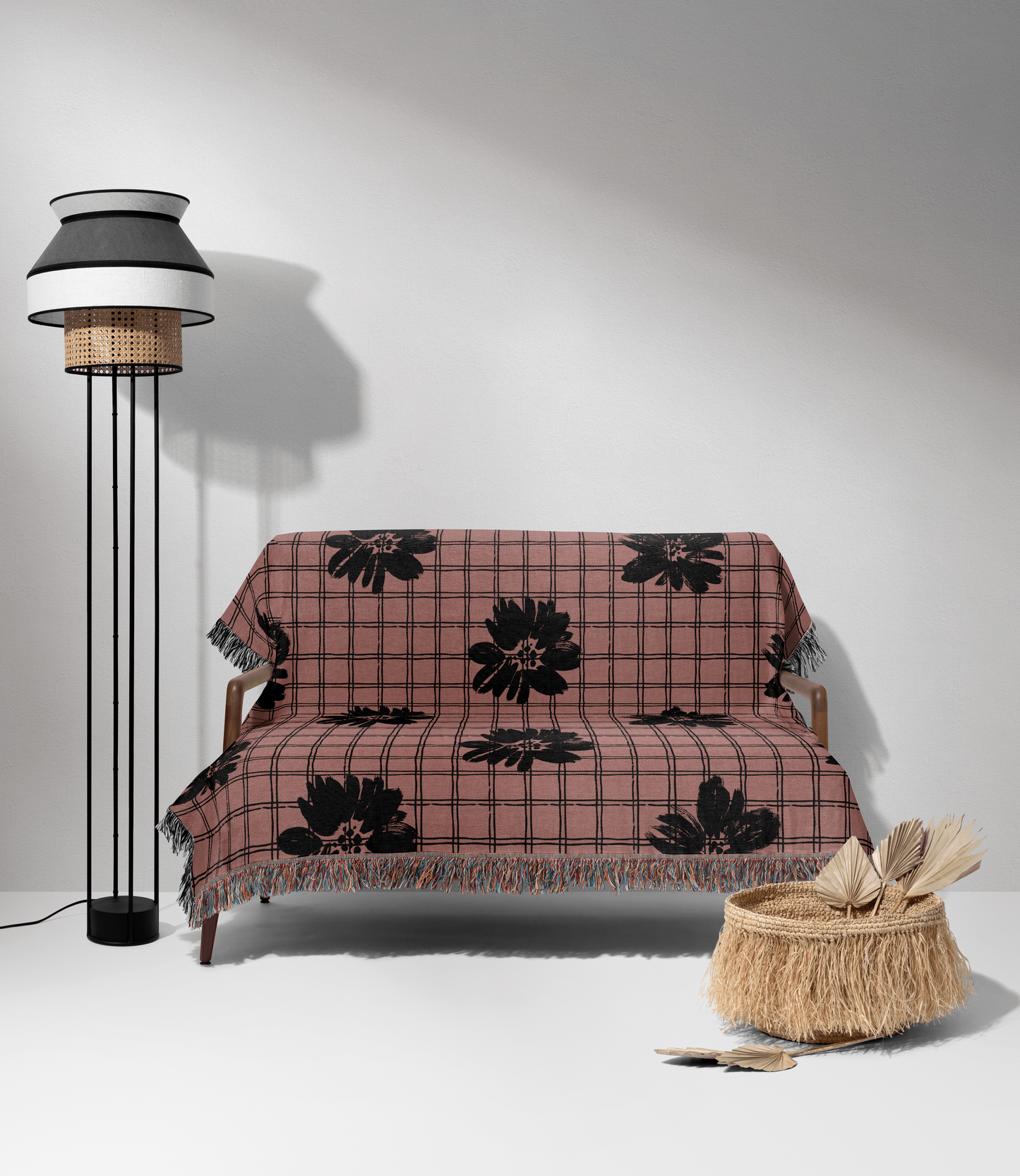 Checkered Floral Woven Throw Blanket