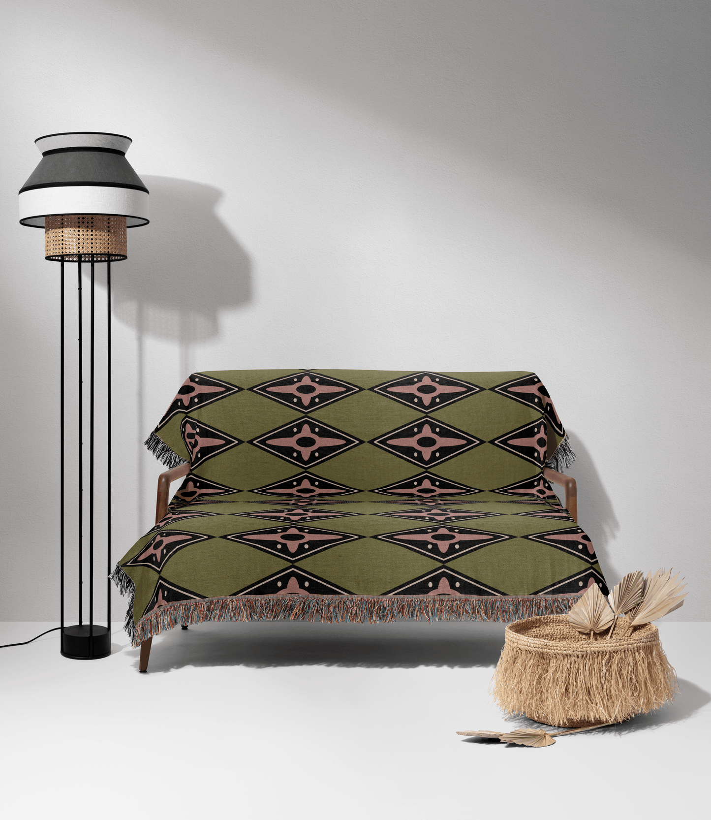 Olive Green Diamond Geometric Woven Cotton Blanket
