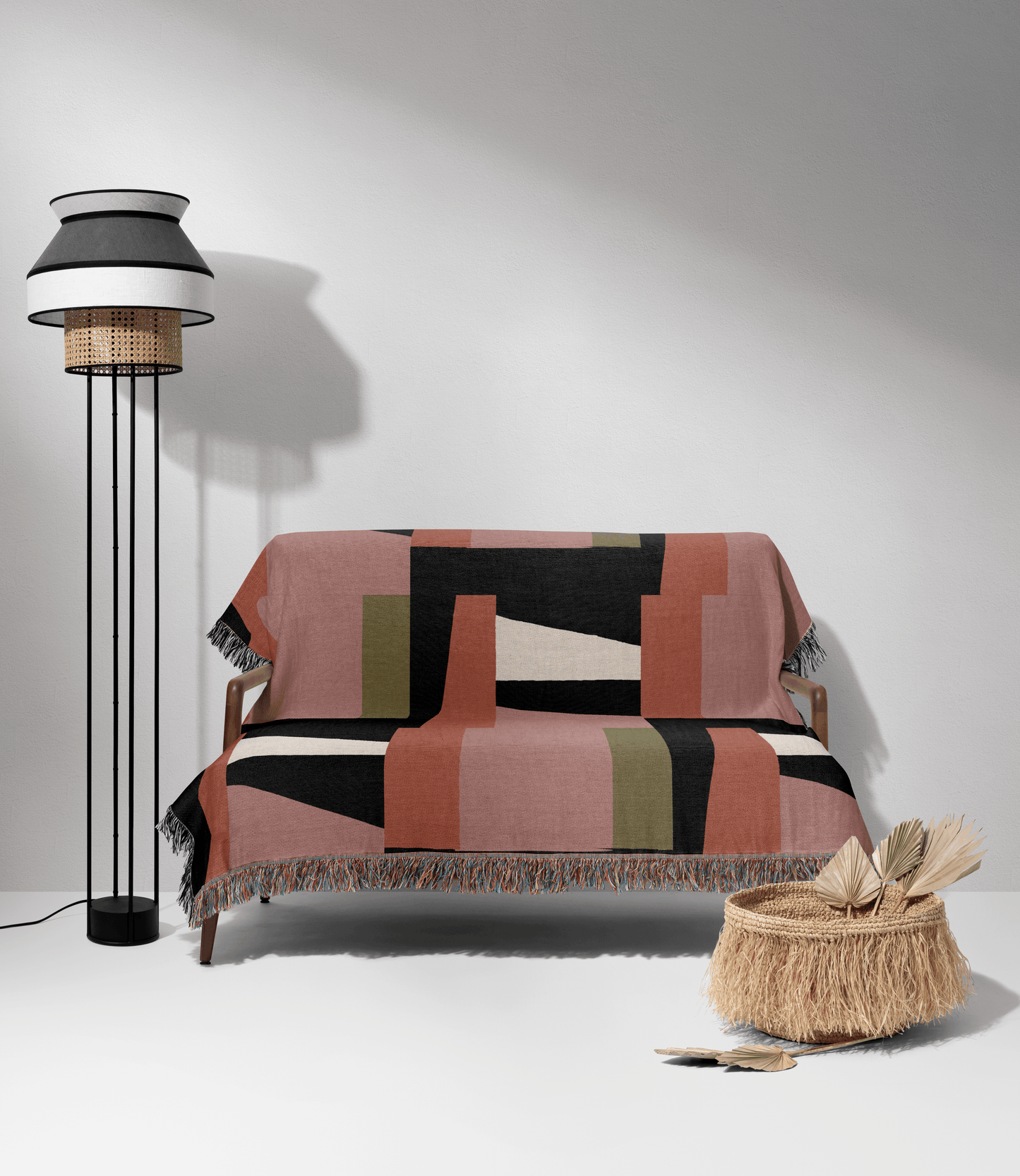 Abstract Modern Woven Throw Blanket – Blush, Olive & Charcoal