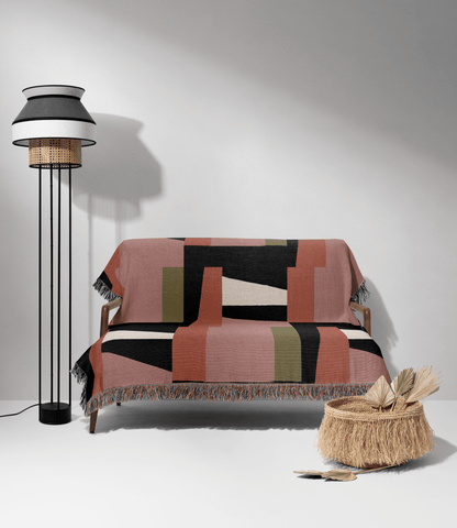Abstract Modern Woven Throw Blanket – Blush, Olive & Charcoal