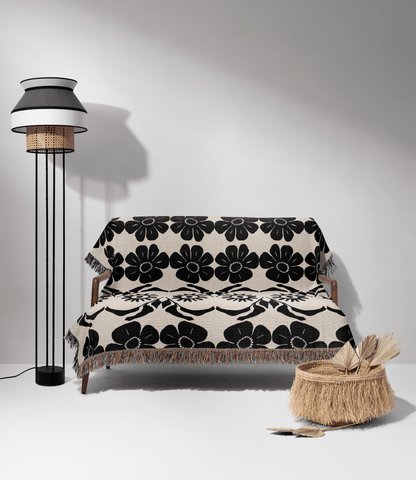Folk Art Floral Woven Throw Blanket – Black & Ivory Eye and Flower