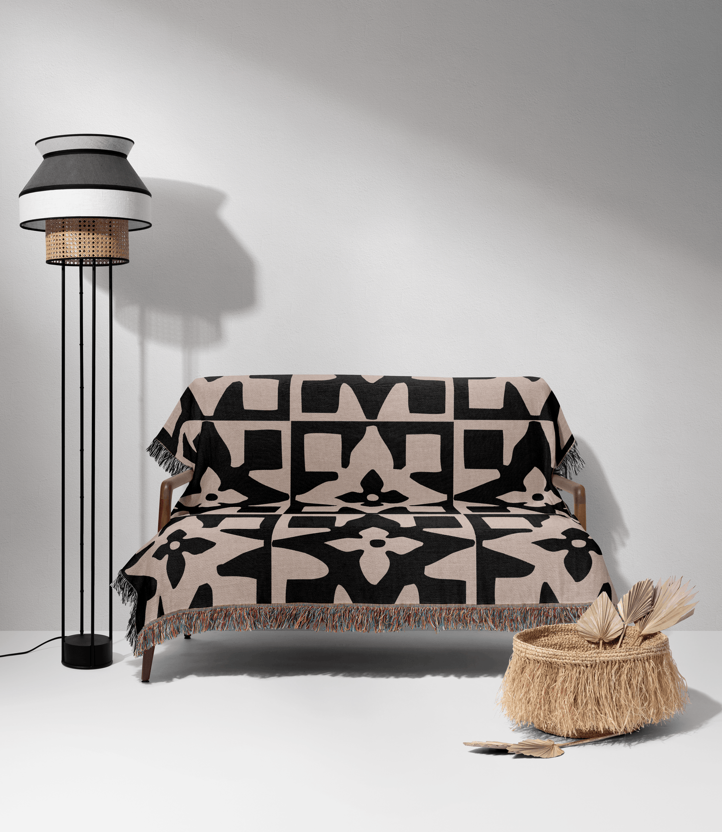Black & Taupe Geometric Floral Pattern Woven Blanket