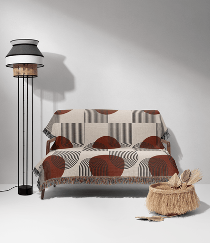 Burgundy and Beige Modern Circle Woven Blanket