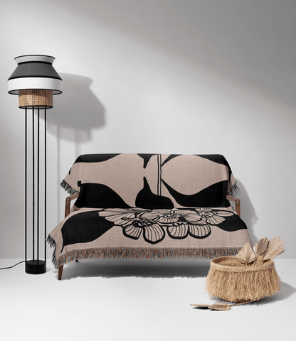 Black and Beige Modern Botanical Woven Throw Blanket
