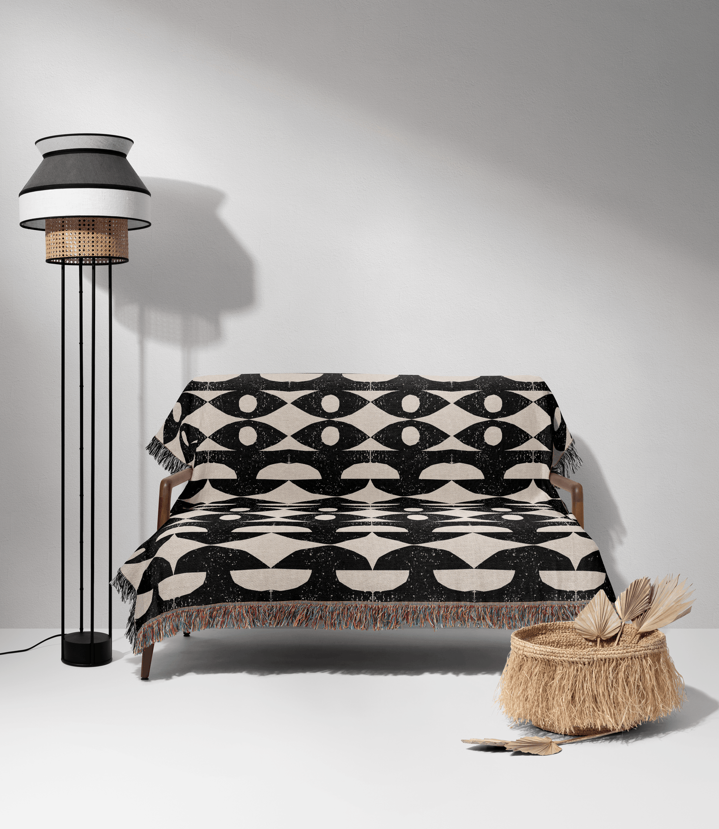 Black and White Mid-Century Woven Throw Blanket – Geometric Retro Pattern