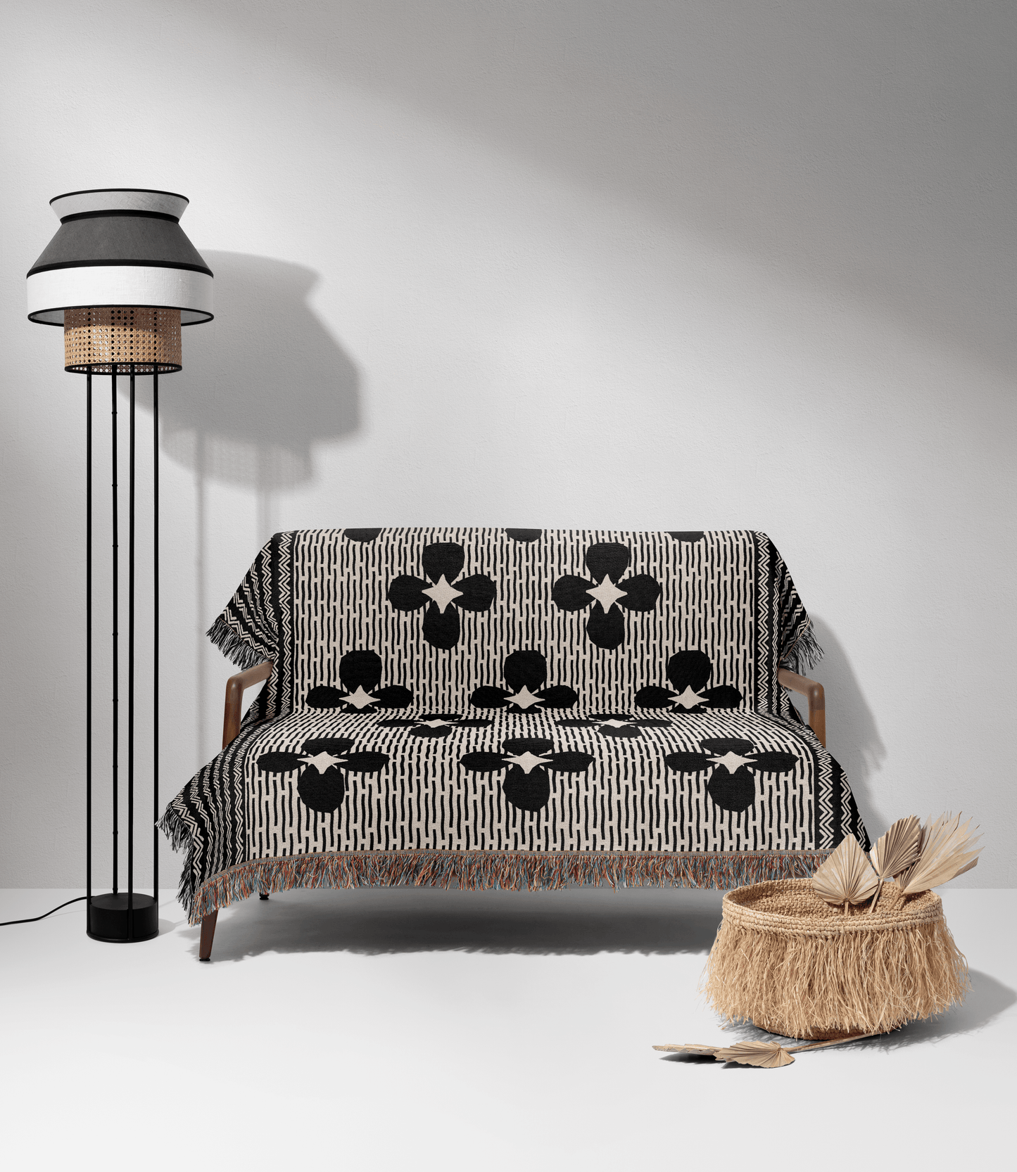 Black and White Woven Floral Throw Blanket