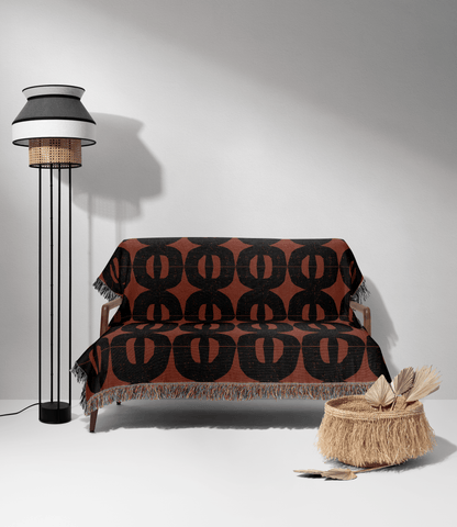 Rust and Charcoal Geometric Woven Throw Blanket – Mid-Century Modern Style